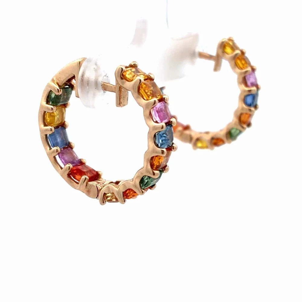 EFFY 14K Yellow Gold Emerald Cut Multicolor Sapphire Watercolors Hoop Earrings